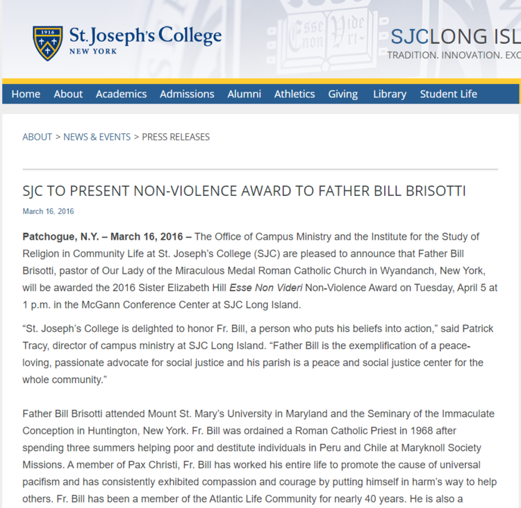 OLMM Pastor William Brisotti Receives Special Award From St. Joseph’s College
